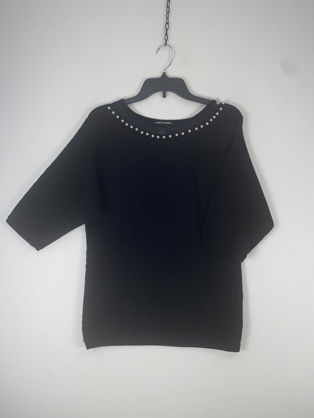 Madison Sweater Womens Medium Black Beaded Boat Neck 3/4 Sleeve Knit Pullover